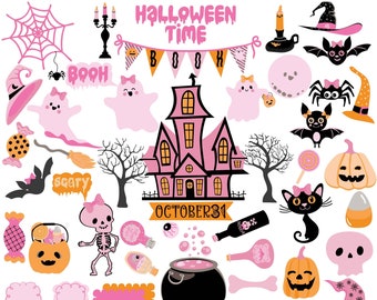 Pink Halloween Time Clipart, cute ghost, frame, black cat, skull, bone, pumpkin , bat, candies, speech bubbles. Commercial-Personal Use