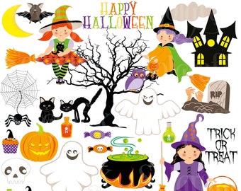 Happy Halloween Clipart, Halloween Clip Art, Halloween Clip Art , cupcake, witches, tomb, ghost, Owl, haunted house, Commercial-Personal Use