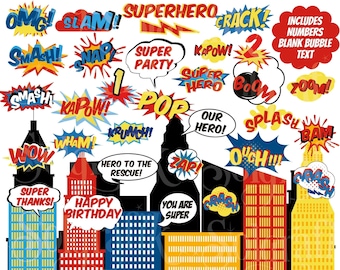 SuperHero Clip Art , Action Words,Comic Sound Effects,Super Hero bubbles clip art,comic book style, building, Commercial-Personal Use