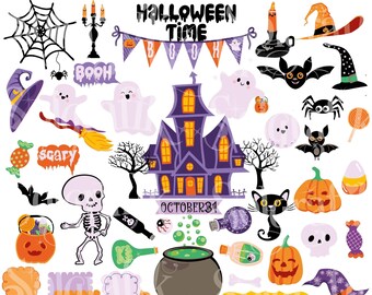 Halloween Time Clipart, cute ghost, frame, black cat, skull, bone, pumpkin , bat, candies, halloween speech bubbles. Commercial-Personal Use