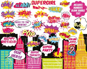 Superhero Girl , Clip Art , Action Words,Comic Sound Effects,SuperHero bubbles,Sounds Sayings, comic book style, Commercial-Personal Use