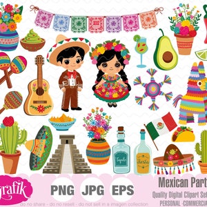 Mexican Party ClipArt, Fiesta Mexicana, Flowers, maraca, 5 de mayo, Mexican girl, Mexican Boy, Papel picado, piñata, Personal Commercial Use