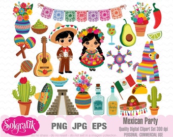 Mexican Party ClipArt, Fiesta Mexicana, Flowers, maraca, 5 de mayo, Mexican girl, Mexican Boy, Papel picado, piñata, Personal Commercial Use