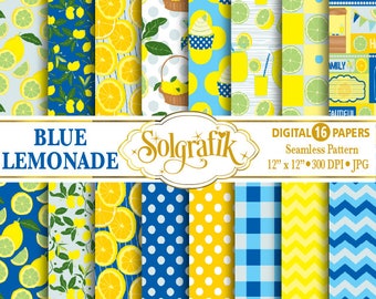 Blue Lemonade Paper Pack, Picnic Paper, chevron, polka dots, stripes, yellow, Lemon Scrapbook Paper and Backgrounds Commercial-Personal Use