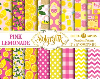 Pink Lemonade Paper Pack, Picnic Paper, chevron, polka dots, stripes, yellow, Lemon Scrapbook Paper and Backgrounds Commercial-Personal Use