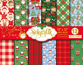 Christmas Time Digital Papers, Mrs Claus, Elves, Snowman,Santa Papers, christmas tree, Rudolph Papers,Holiday Papers,Commercial-Personal Use