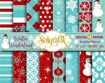 Winter Wonderland Snowflakes Christmas Digital Paper-Holiday-red, teal, glitter,Scrapbooking-snowman patterned paper Commercial-Personal Use