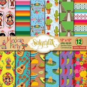 Mexicaanse partij digitaal papier, Fiesta Mexicana, Flores, maraca, 5 de mayo, Papel picado, piñata Uso Comercial Personal