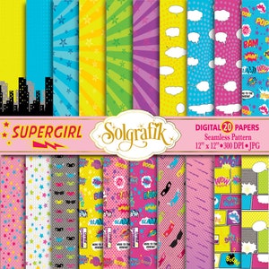 Superhelden Mädchen Digital Paper Pack Comic-Buch-Seiten, Action-Wörter, Comic-Sound-Effekte, Scrapbook-Papier und Hintergründe kommerzieller-persönlicher Gebrauch