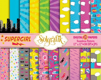 Superhero girl Digital Paper Pack Comic Book Pages,Action Words,Comic Sound Effects,Scrapbook Paper and Backgrounds Commercial-Personal Use