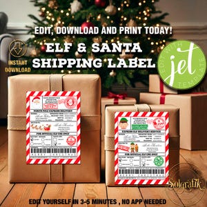 Editable Elf & Santa Claus Shipping Labels | Printable Christmas North Pole Mail Label|  Elf Arrival Package| Festive Holiday Package Labels