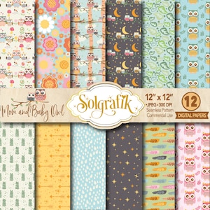 Mom and Baby Owl Digital Papers , flowers, Baby Boy, Baby Girl, Pink , Baby Shower, Scrapbook Paper and Backgrounds Commercial-Personal Use image 1