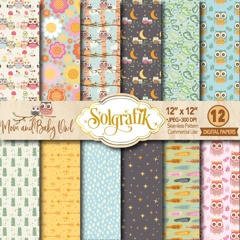 Mom and Baby Owl Digital Papers , flowers, Baby Boy, Baby Girl, Pink , Baby Shower, Scrapbook Paper and Backgrounds Commercial-Personal Use image 1