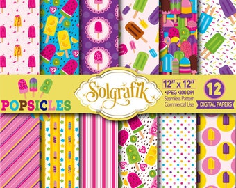 Popsicles Digital Papers , ice creams, ice lollies, popsicles, ice pop, summer, Scrapbook Paper and Backgrounds Commercial-Personal Use