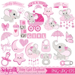 Baby girl elephant clipart, pink elephant Clipart, newborn elephant, baby shower, baby girl clipart, Personal and Commercial Use image 1