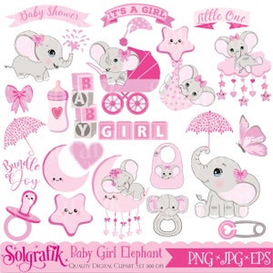Baby girl elephant clipart, pink  elephant Clipart, newborn elephant, baby shower, baby girl clipart, Personal and Commercial Use
