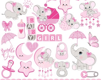 Baby girl elephant clipart, pink  elephant Clipart, newborn elephant, baby shower, baby girl clipart, Personal and Commercial Use