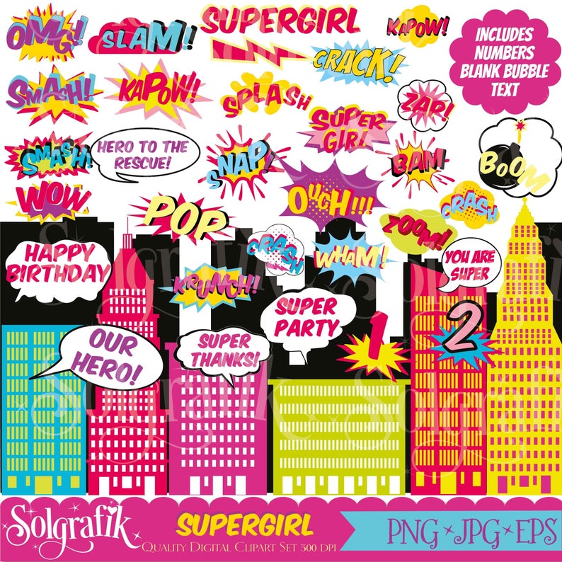 Superhero Girl , Clip Art , Action Words,Comic Sound Effects,SuperHero bubbles,Sounds Sayings, comic book style, Commercial-Personal Use image 1