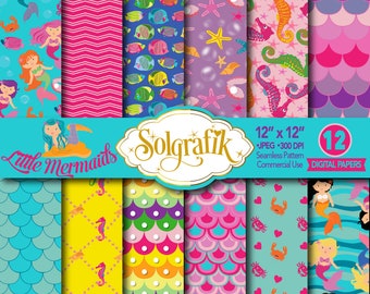 Little Mermaid Papers, Digital paper pack,nautical, starfish, fish, pink, purple, chevron, sea underwater, princess, Commercial-Personal Use