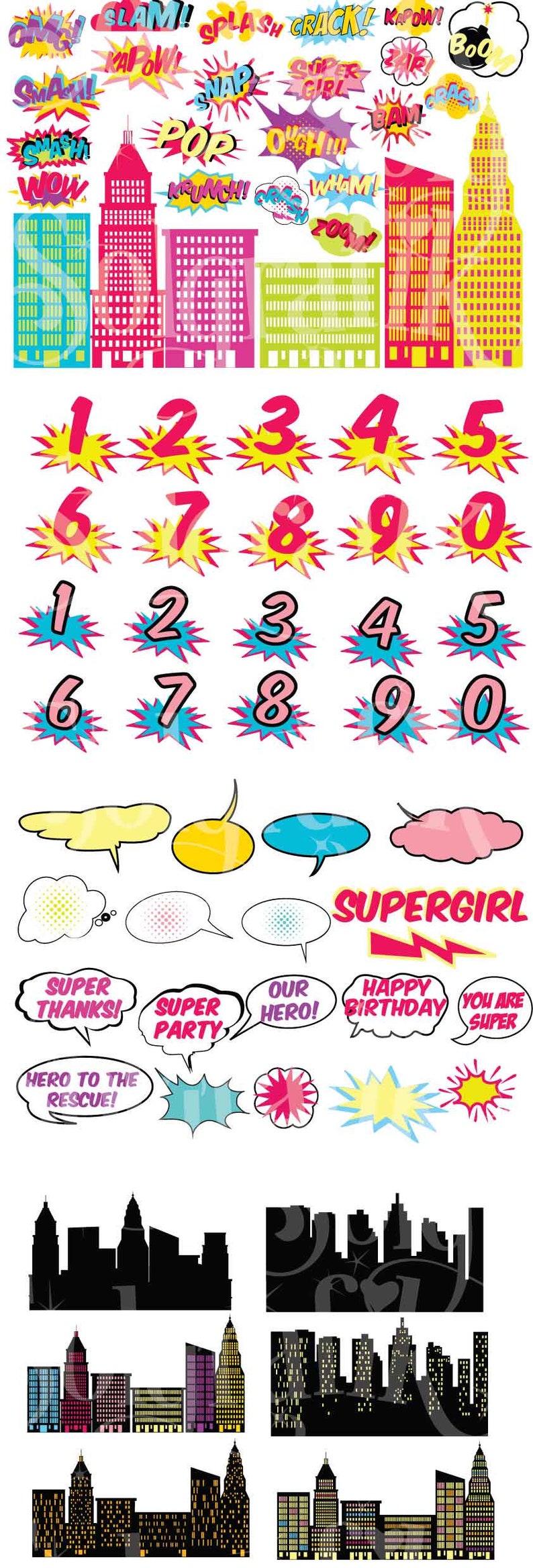 Superhero Girl , Clip Art , Action Words,Comic Sound Effects,SuperHero bubbles,Sounds Sayings, comic book style, Commercial-Personal Use image 2