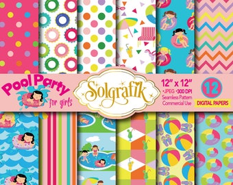 Girls Pool party digital paper pack, pool party background,Summer, pool toys, background, swimming , chevron, Commercial-Personal Use