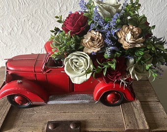 Red truck, country, rustic wood flower arrangement