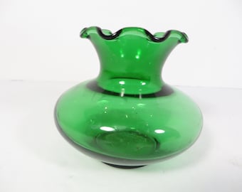 Mid Century Green Glass Bud Vase - Green Glass Ruffled Edge Vase