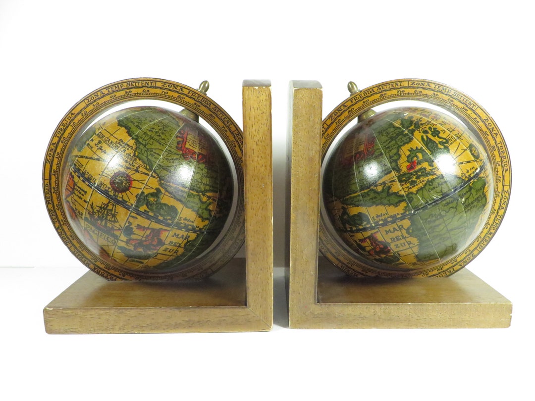 Vintage Wood World Globe Bookends Old World Globe Bookends Etsy