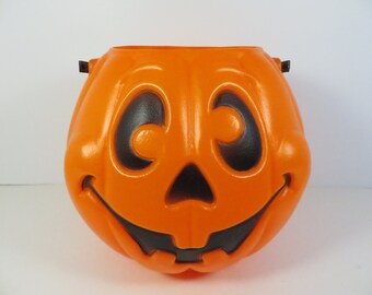 Vintage Jack O Lantern Candy Pail - Grand Venture Plastic Blowmold JOL Candy Bucket