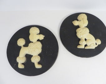 Vintage Black Chalkware Poodles - White Poodle Wall Plaques