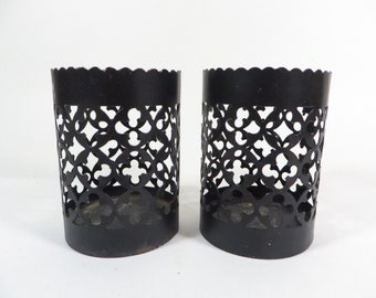 Vintage Black Lattice Tealight Votive Candle Holders - Two Black Metal Lattice Candle Holders