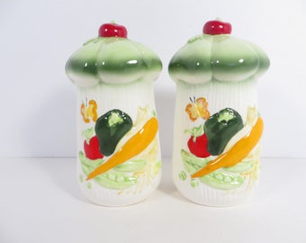 Vintage Ceramic Vegetable Salt and Pepper Shakers - Vegetable Raised Relief Vegetable Motif Salt and Pepper