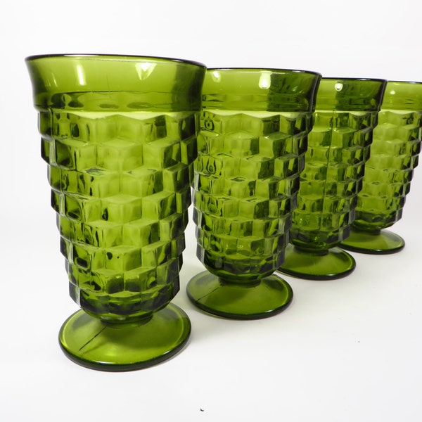 Vintage Green Whitehall Water Ice Tea Glasses - Avocado Green Pedestal Glasses - Set of 4 Avocado Glasses