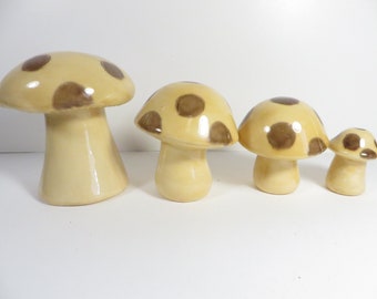 Vintage Ceramic Toadstool Mushrooms - 4 Beige Brown Polka Dot Mushrooms Toadstools