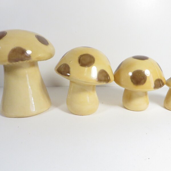 Vintage Ceramic Toadstool Mushrooms - 4 Beige Brown Polka Dot Mushrooms Toadstools