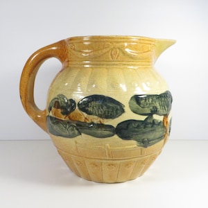 Antique Early Roseville Pottery Yellow Ware Trees House Field Landscape Pitcher