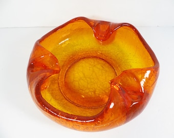Mid Century Viking Crackle Glass Ashtray in Persimmon Orange