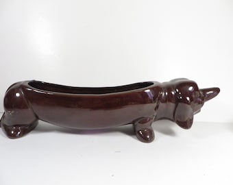 Vintage Dachshund Redware Ceramic Planter Cracker Bowl - Brown Glaze Redware Dachsund Planter