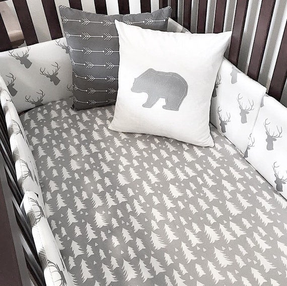 Crib Sheet Gray and White Tree Print Etsy