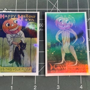 Lot de 2 cartes postales d'Halloween vintage comme des autocollants holographiques, citrouille, chat noir est-ce votre chatte, pour ordinateurs portables, gobelets, tasses, livraison gratuite