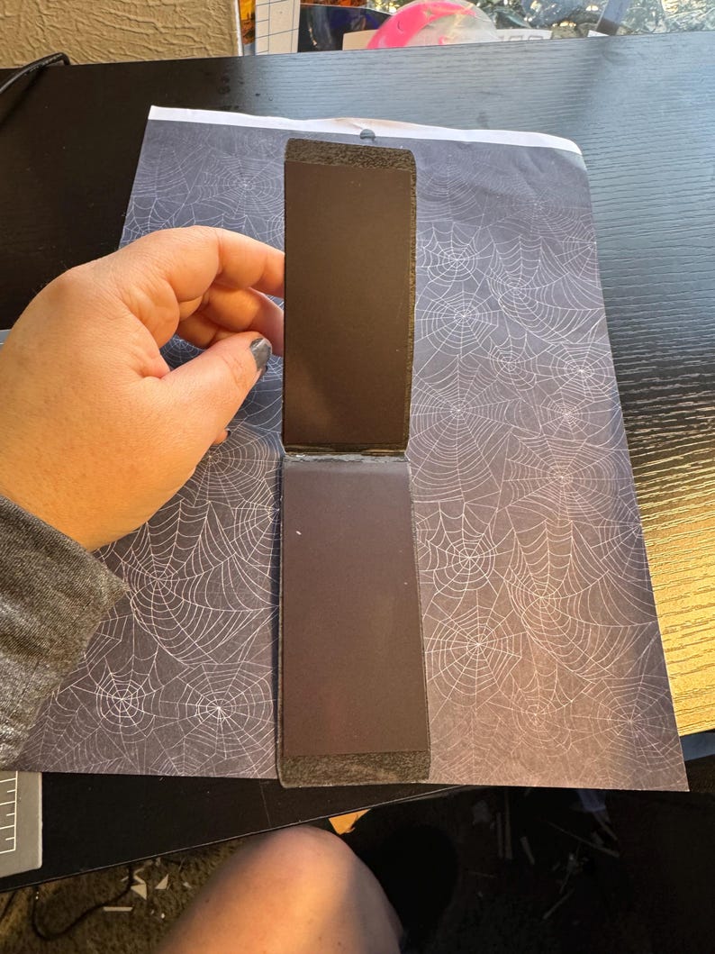 May include: A black, rectangular, foldable photo album with a spiderweb pattern on the cover.