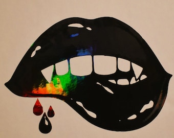 Vampire's Kiss Holographic Vinyl Decal Vampire Fangs & Shimmering Lips Holographic Laptop Decal FREE SHIPPING in US