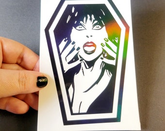 VINYL DECAL Coffin  Mistress Of The Dark Holographic Waterproof Decal for Car Windows, Laptops, Mugs, Tumblers  Free Shipping In US