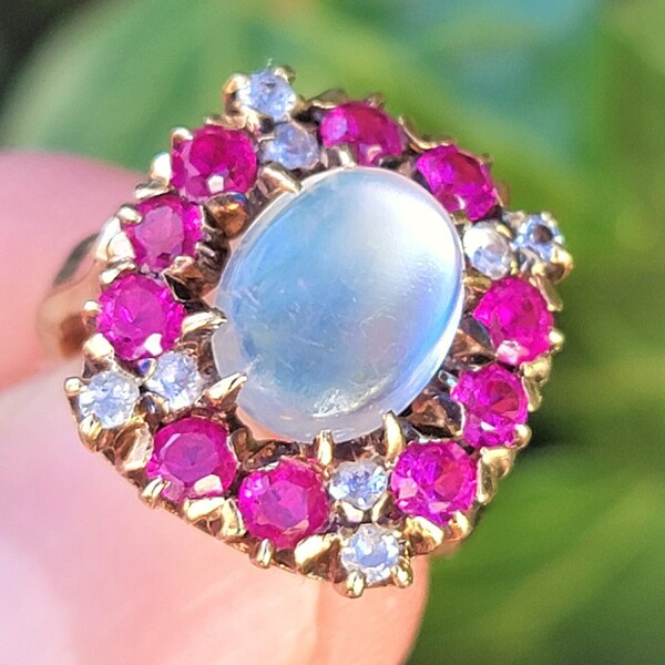 1940s Blue Moonstone Pink White Sapphire 10K Engraved Ring! June Birthstone!