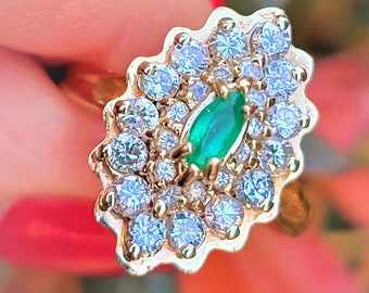 Victorian Revival Natural Emerald Diamond Navette Ring 14K! Vintage Estate!