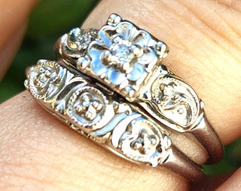 ¡Anillo de boda de compromiso con 2 anillos de diamantes estilo azahar de la década de 1950 14K!