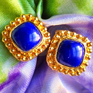 Etruscan Style Lapis Lazuli 14K Gold Square Stud Earrings! Vintage Estate!