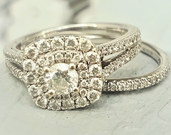 Vintage Style Cushion Illusion Diamond 2 Ring Engagement Wedding Band Bridal Set! 14K