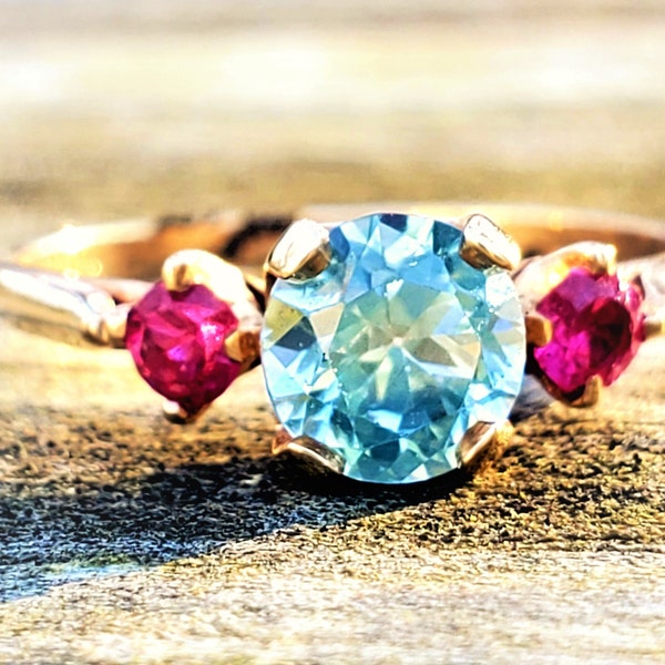 1950s Blue Zircon Ruby 14K Trilogy Engagement Ring Vintage Estate!