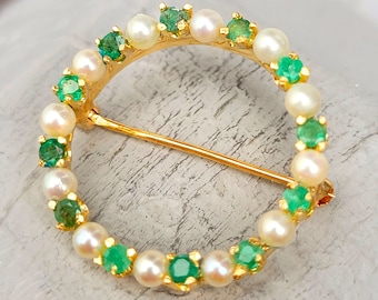 1950s Classic Natural Emerald Pearl Circle Wreath Pin Brooch 14K!